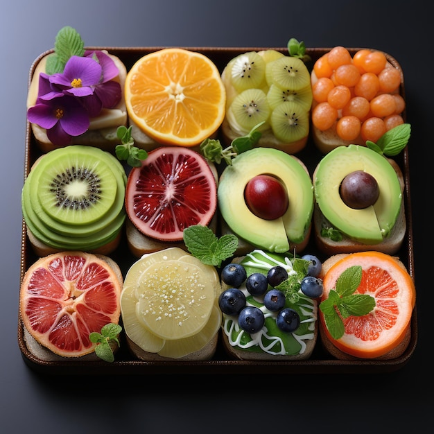 Healthy food concept Assortment of fruit and berries in box on black background