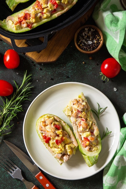 Healthy food concept Baked zucchini with meat and tomatoes  on a stone table Top view