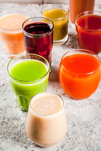 Healthy Food Concept Different Fruit and Vegetables Juices Smoothie in Glasses