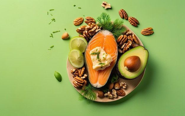 Healthy food concept with avocado salmon and nuts top view angle