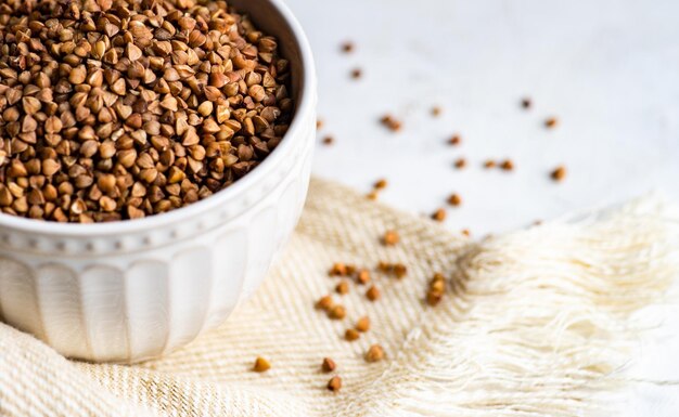 Photo healthy food concept with buckwheat