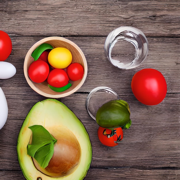 Foto cibo sano in un tavolo da cucina con avocado pomodori uova e altri cibi sani