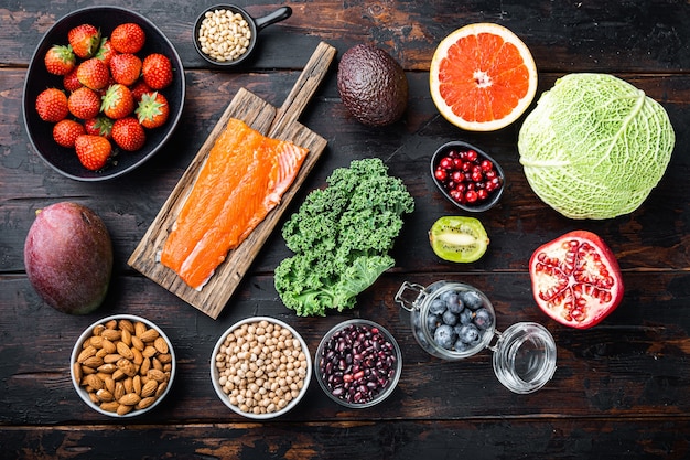 Healthy food on dark wooden background