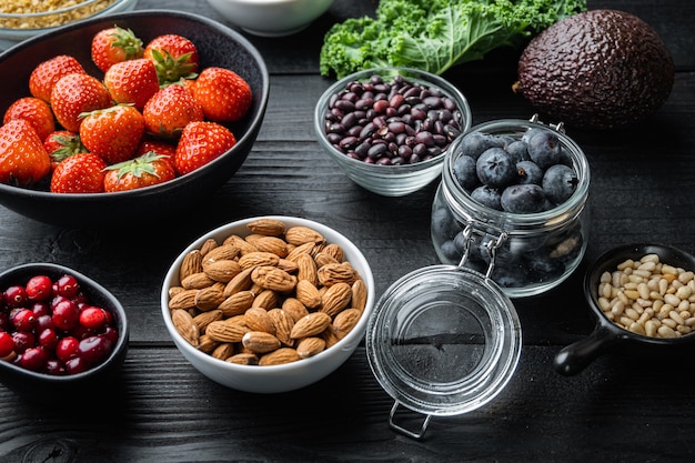 Healthy food on dark wooden background