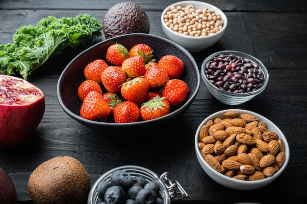 Healthy food on dark wooden background