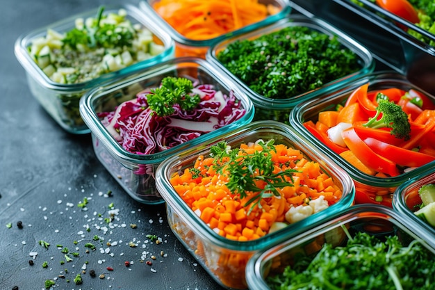 Photo healthy food delivery concept vegetable salads in plastic containers with ai generated