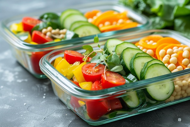 Healthy food delivery concept Vegetable salads in plastic containers with AI generated