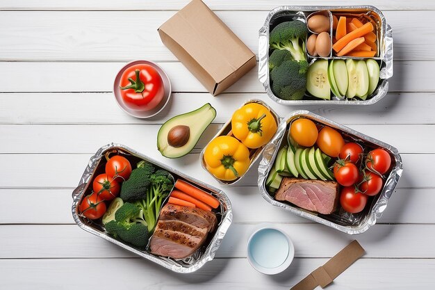 Healthy food delivery Take away for diet Fitness nutrition vegetables meat and fruits in foil boxes