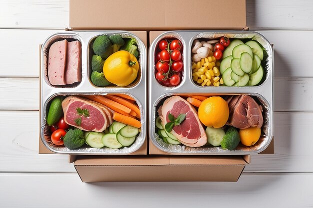 Healthy food delivery Take away for diet Fitness nutrition vegetables meat and fruits in foil boxes