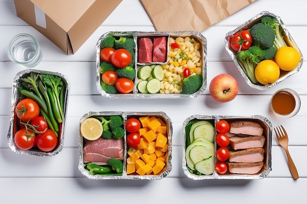 Healthy food delivery Take away for diet Fitness nutrition vegetables meat and fruits in foil boxes