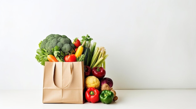 Foto consegna di cibo sano con prodotti vegani e vegetariani in un sacchetto di carta su bianco