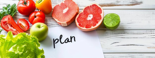 Photo healthy food and diet planning weight loss concept notebook with phrase diet plan