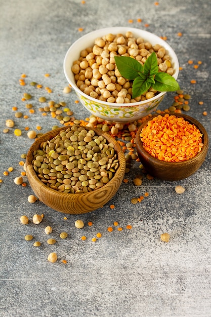 Healthy food dieting concept vegan protein source Raw of legumes chickpeas red lentils