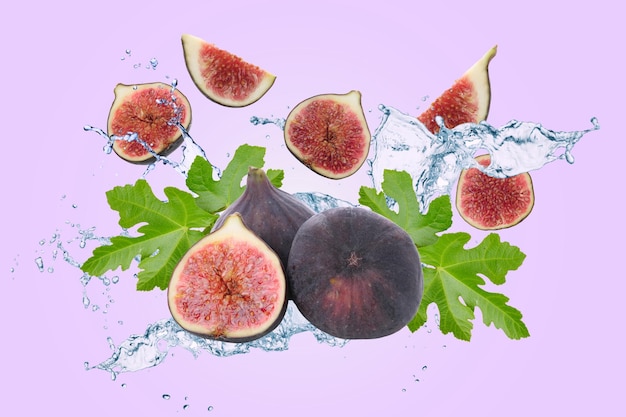 healthy food figs leaves and water on light purple background