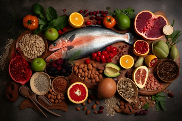 건강한 음식: 물고기, 과일, 견과류, 채소 씨, 슈퍼푸드, 시리얼