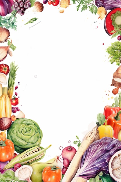 健康食品のフレーム 新鮮な野菜や果物の水彩イラスト