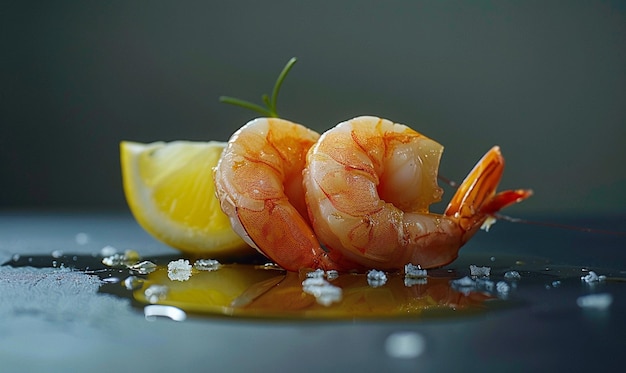Healthy food Fresh shrimps grilled with lemons copy space