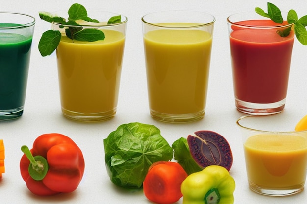 Healthy food Fresh vegetable juices in glasses on a white background generative ai