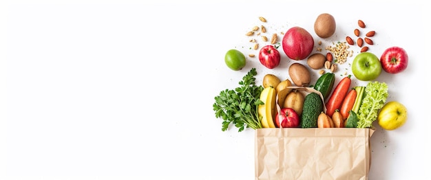 Healthy food fruits and vegetables falling out of a paper bag banner Generative AI