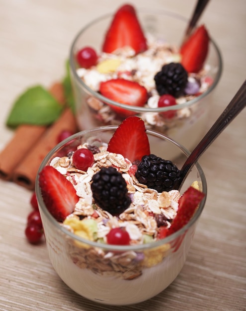 Healthy food granola with yogurt