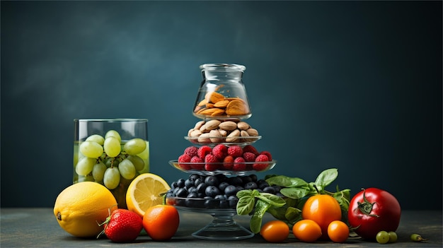 나무 테이블에 있는 건강한 음식 성분 균형 잡힌 식단 채식주의 음식