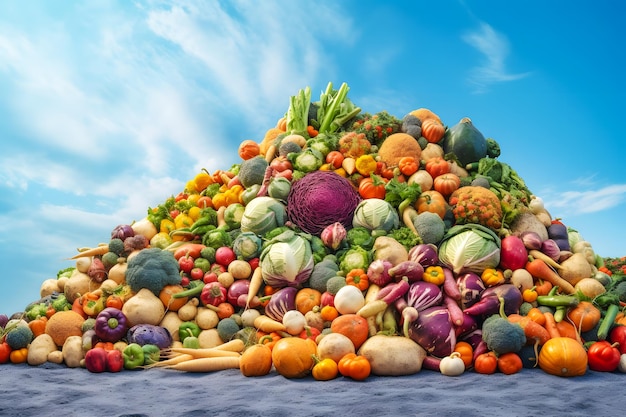 Photo healthy food landscape against blue sky mixed vegetables organic food concept food art banner generative ai