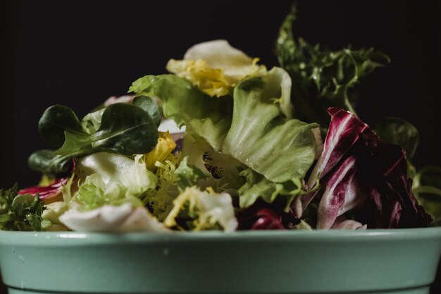 健康食品のライフスタイルコンセプト。素朴な色のスタイルのプレートで新鮮野菜のサラダ