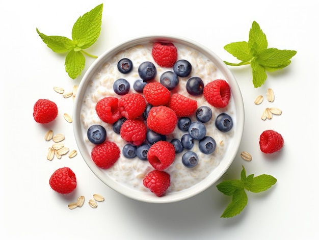healthy food muesli oats fresh berries yogurt in smoothie bowl on white background