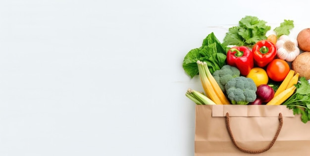 紙袋の健康的な食べ物 白い背景の野菜と果物