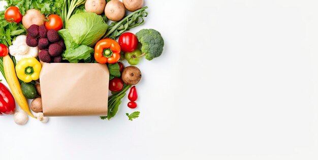 Healthy food in paper bag vegetables and fruits on white background