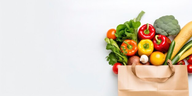 Foto cibi sani in sacchetti di carta verdure e frutta su sfondo bianco