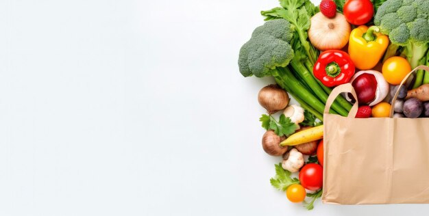 Foto cibo sano in sacchetto di carta verdure e frutta su sfondo bianco