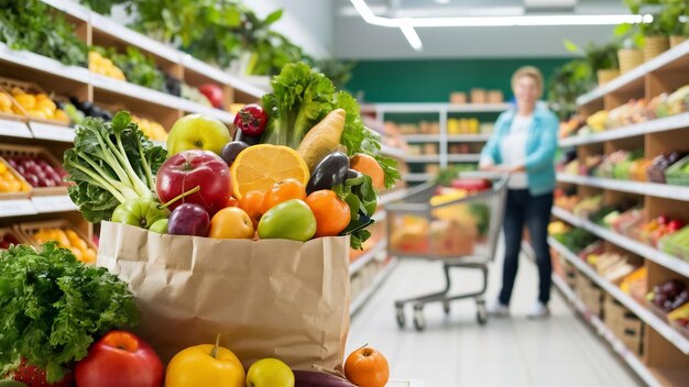건강한 음식 종이 가방 건강한 음식 배경 슈퍼마켓 음식 개념 슈퍼마케트에서 쇼핑