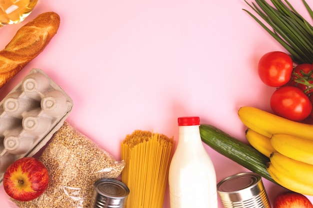 healthy food on pink background