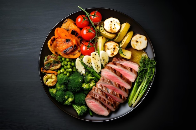 Healthy food plate with mixed vegetables and meat salad