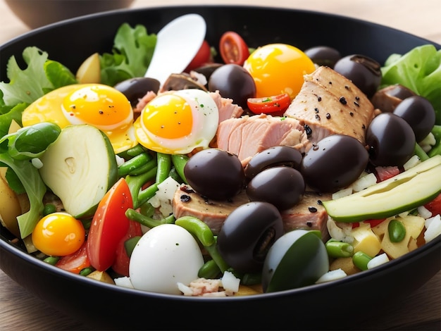 Healthy food plate with mixed vegetables and meat salad