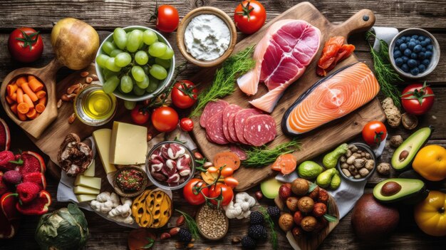 Healthy food selection on rustic wooden background Top view