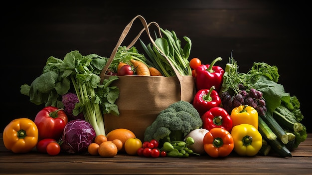 Healthy food selection Shopping bag full of fresh vegetables and fruits Food lay flat on the table