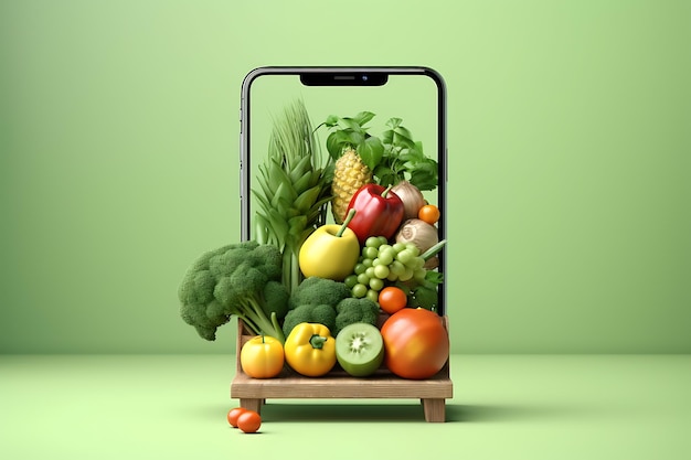 healthy food smartphone screen on green backdrop with fruits and vegetables on the screen