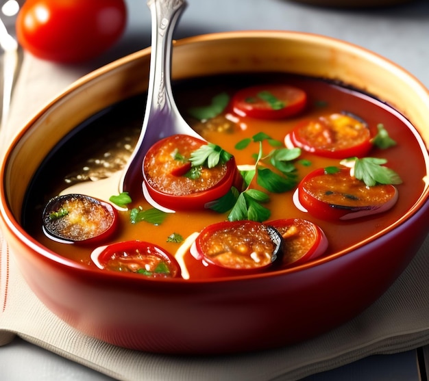 Healthy Food Soup with Tomatoes , Coriander and Vegetables.