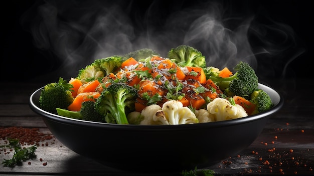 Photo healthy food steam vegetable in a black bowl on dark wooden table ai generated image