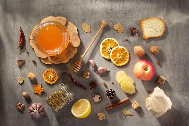 Healthy food on stone table background