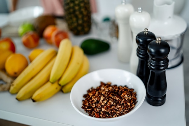 Healthy food on table in the kitchen