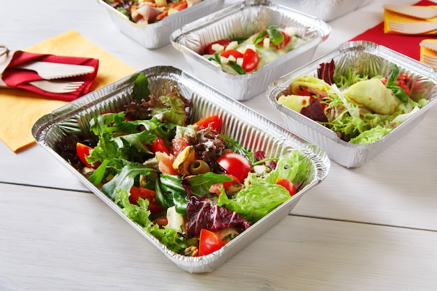 Healthy food take away in boxes eating right