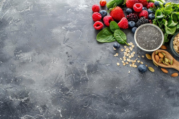 Healthy food and vegetable on gray concrete background