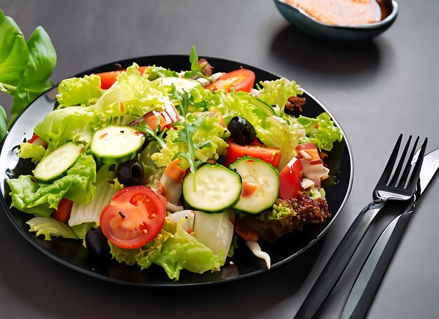 Healthy food vegetable salad on black plate