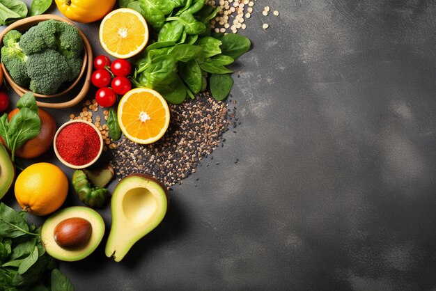 사진 건강한 음식: 회색 바탕에 있는 채소와 과일