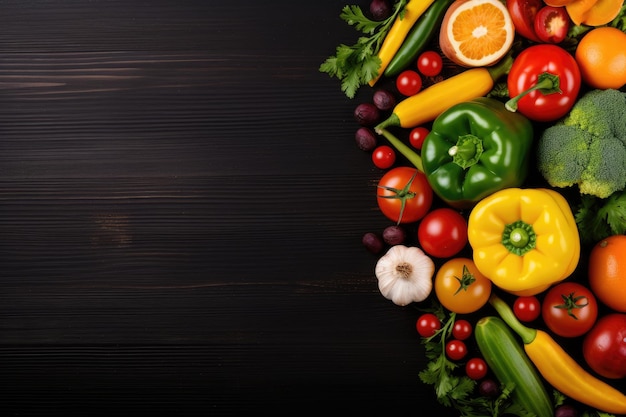 健康食品の野菜と果物、黒い木の上