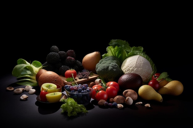 AI 도구로 만든 건강 식품 야채 과일 포토 리얼리즘