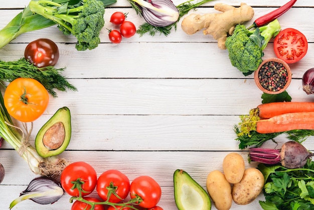 Healthy food Vegetables and fruits On a white wooden background Top view Copy space